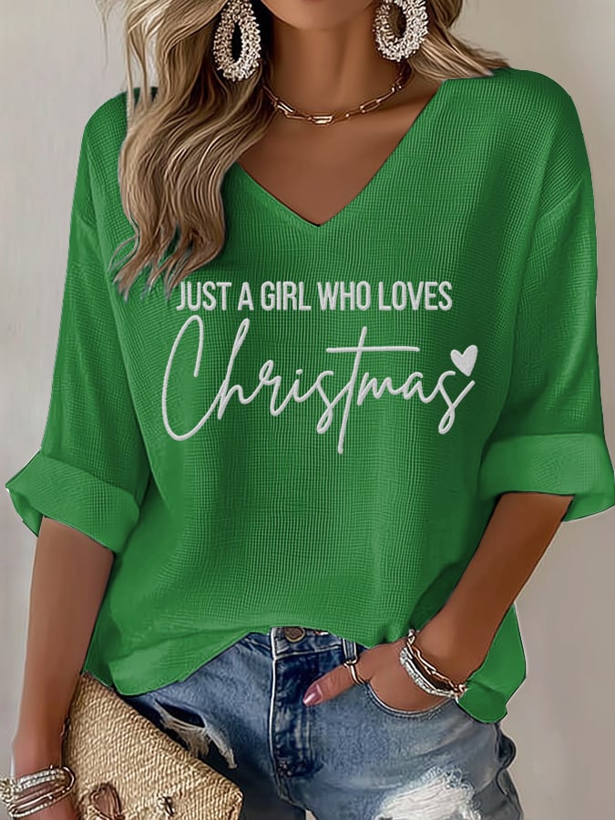 Women's casual just a girl who loves Christmas printed waffle long-sleeved T-shirt