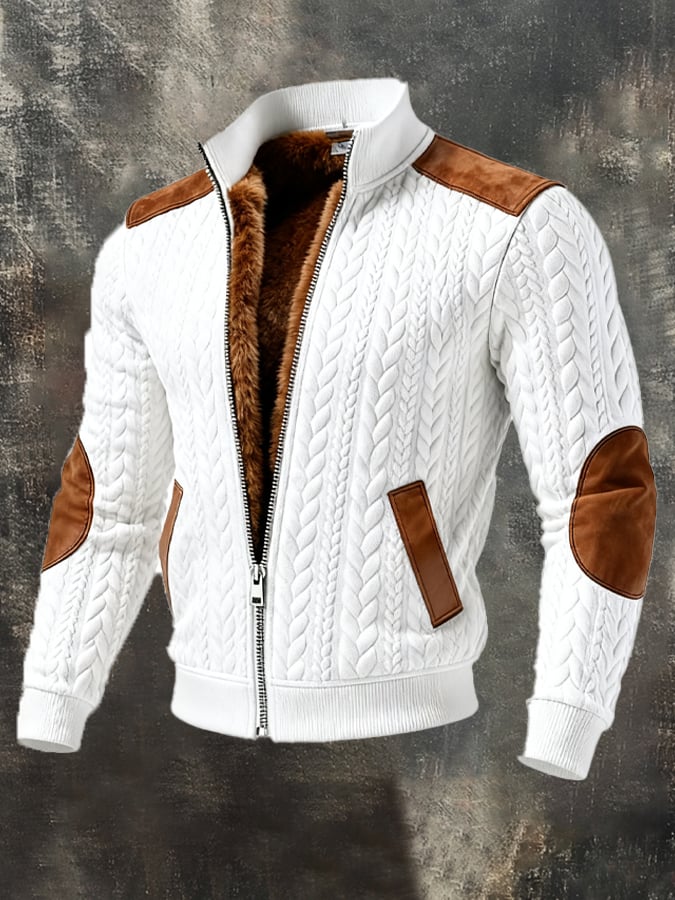 Men's Retro Texture Knitted Jacquard Warm Multi-Pocket Outdoor Jacket