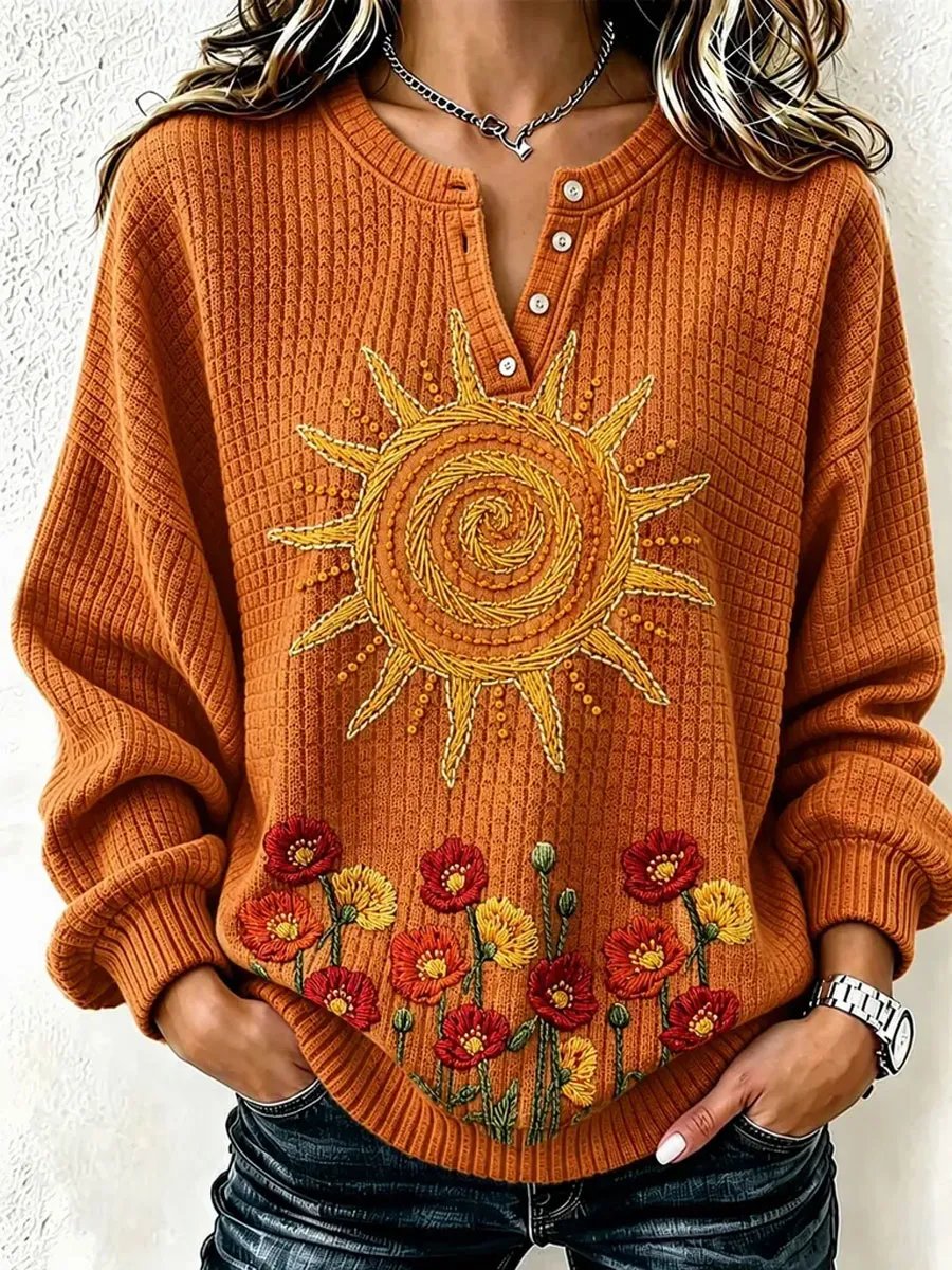 Women's Casual Printed Button-Up Long-Sleeve Sweatshirt
