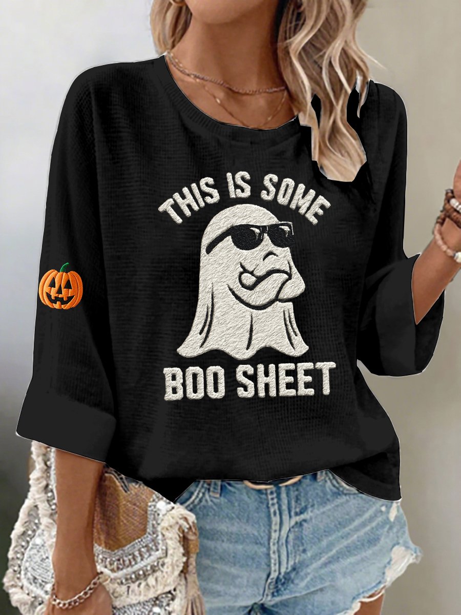 Women's casual Halloween ghost waffle embroidered T-shirt