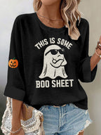 Women's casual Halloween ghost waffle embroidered T-shirt