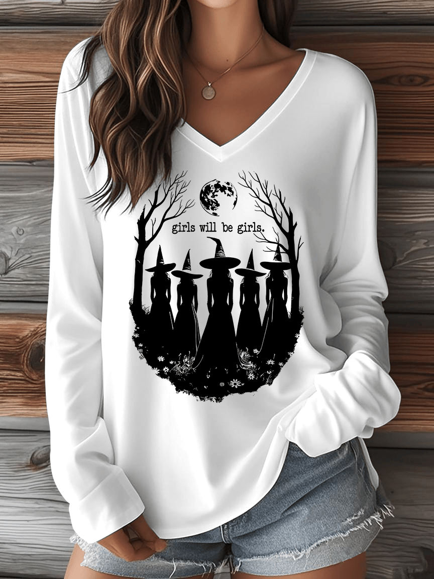 Women's Halloween Girls Will Be Girls. Print V-Neck Long Sleeve T-Shirt