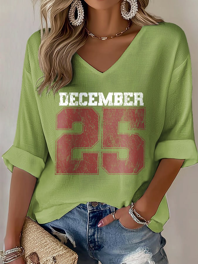 V-Neck Retro Christmas December 25 Print T-Shirt