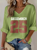 V-Neck Retro Christmas December 25 Print T-Shirt