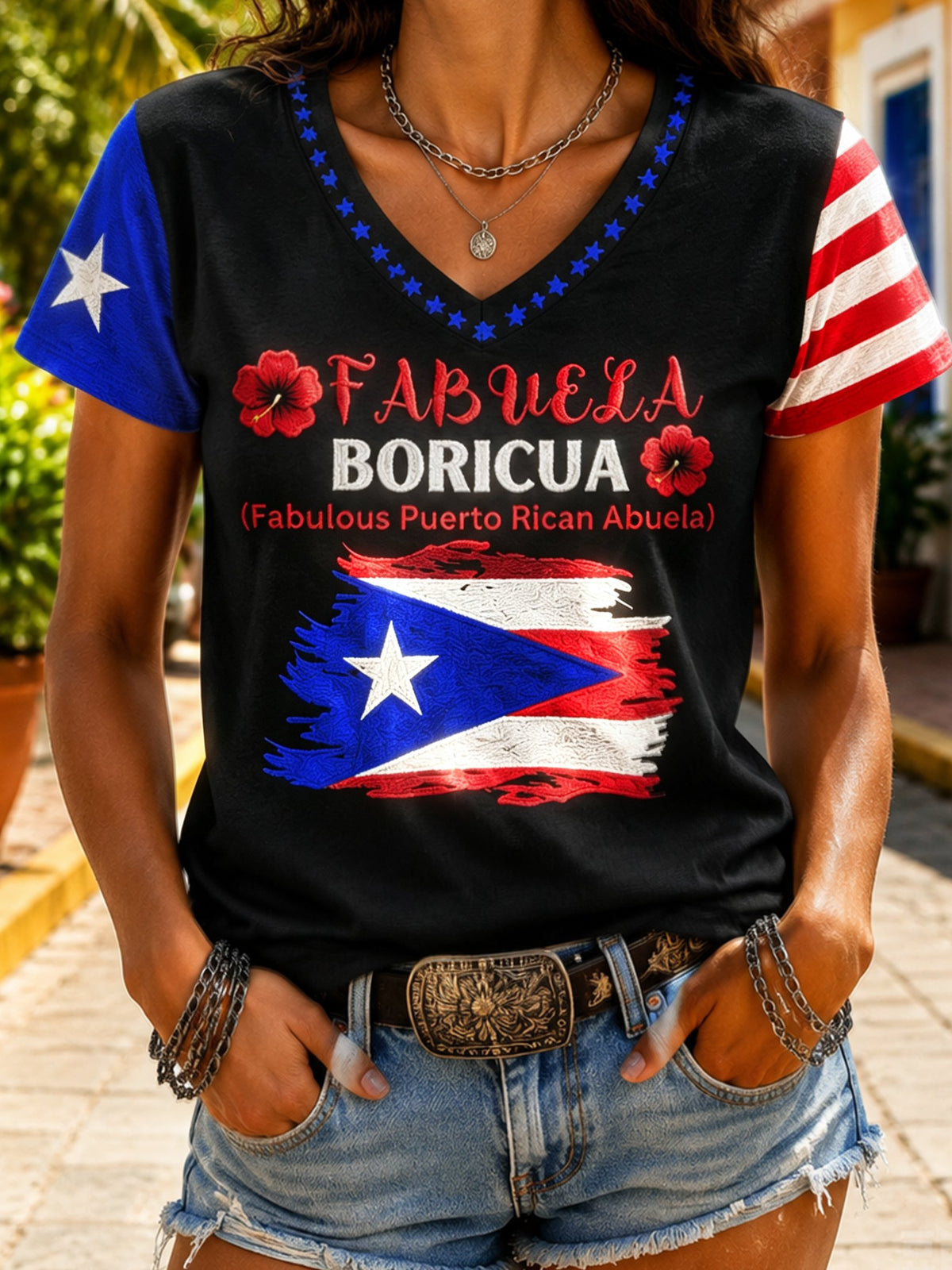 Women's Puerto Rican Print V-Neck Top