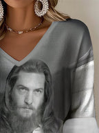 V-Neck Retro Steve Print T-Shirt