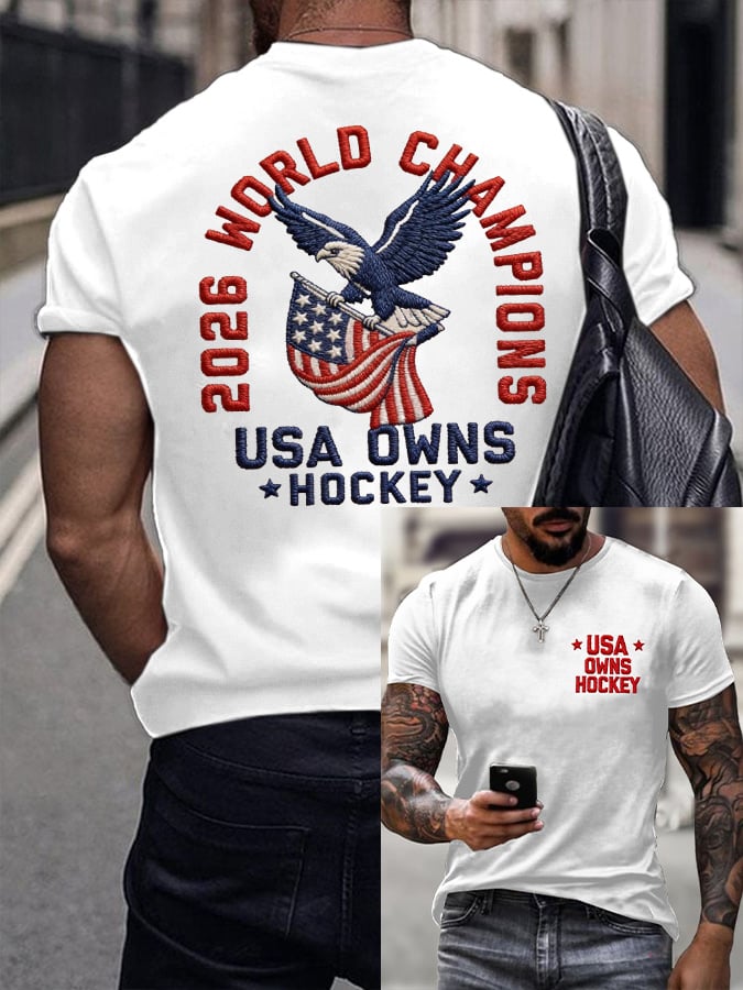 Men's Casual US Hockey Champion Commemorative Print T-Shirt