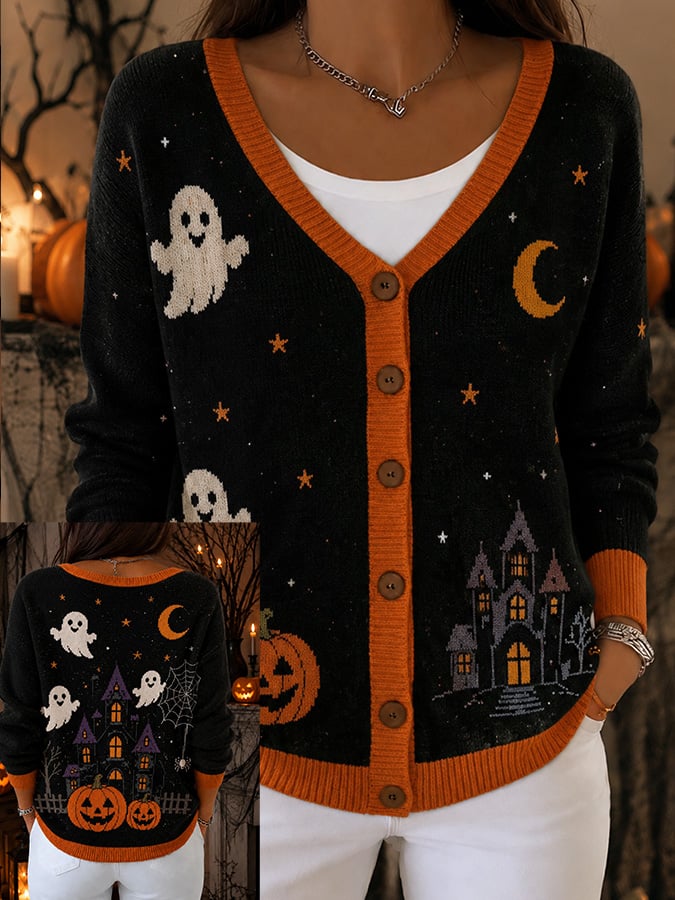 Women's Casual Halloween-Print Knit Cardigan