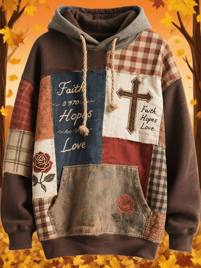 Women's Casual Retro Stitching Faith Cross Print Sweatshirt