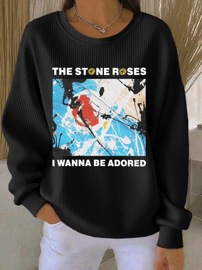 Women's Music Print Knit Crew Neck Long Sleeve Top