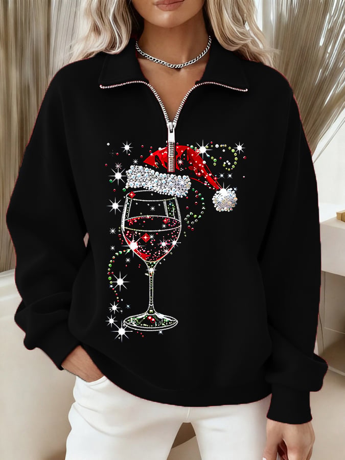Women's Christmas Hat Wine Glass Long Sleeve Zipper Sweatshirt