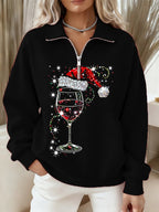 Women's Christmas Hat Wine Glass Long Sleeve Zipper Sweatshirt