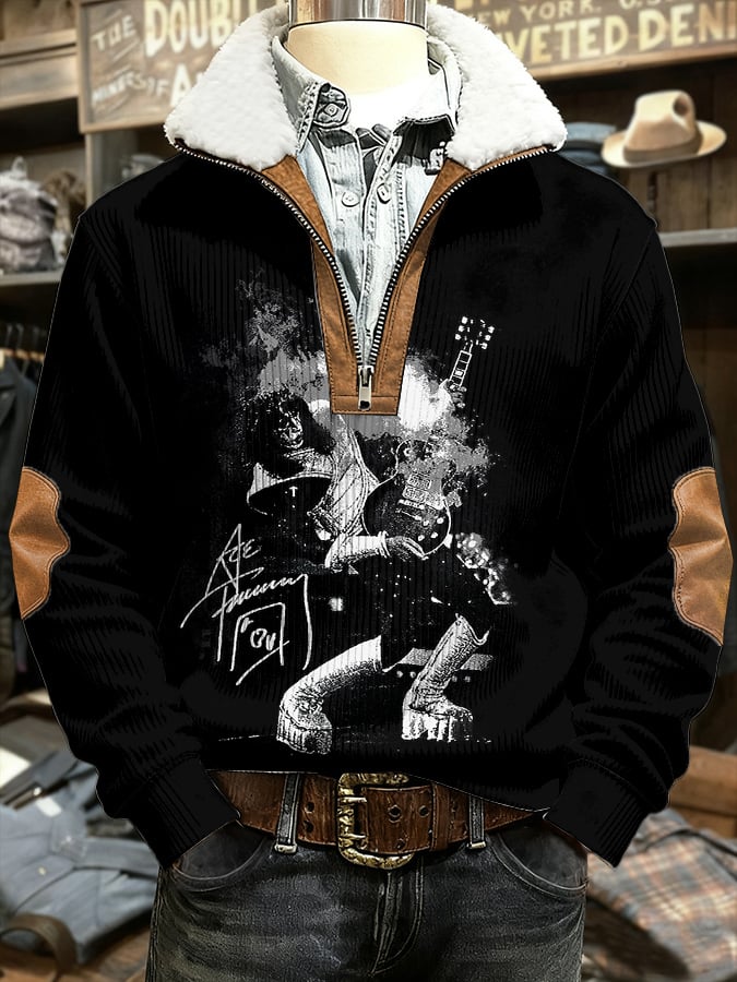 Men's Rock Music Print Zippered Fur Collar Long Sleeve Sweatshirt