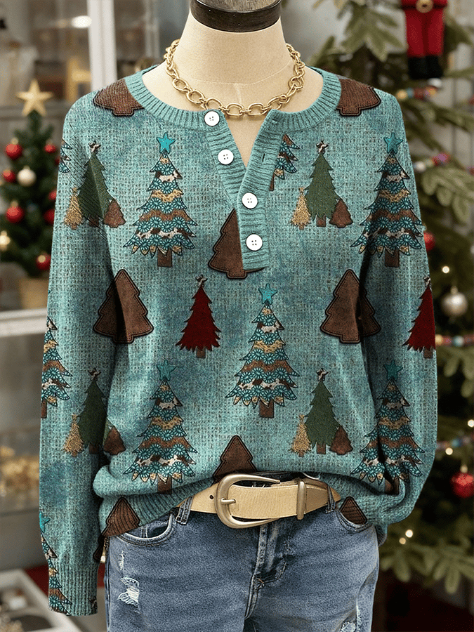 Women's Christmas Print Knit Button Top