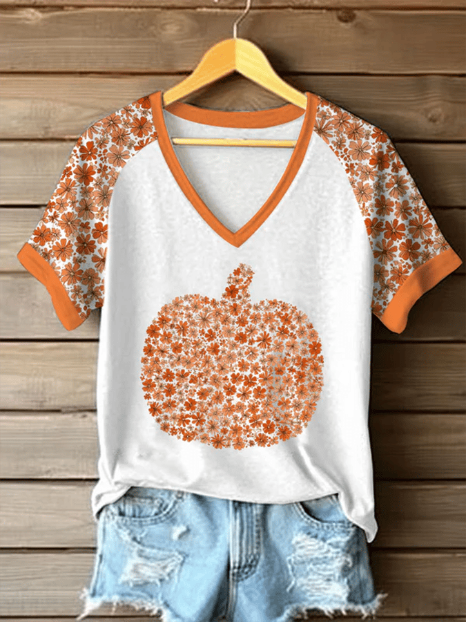 Women's Autumn Gold Pumpkin Print T-Shirt