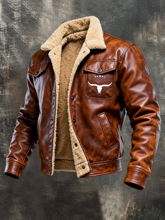 Men's Vintage Leather Patchwork Plush Warm Jacket