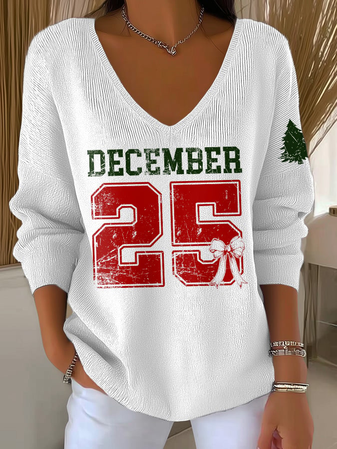 V-Neck Retro Christmas December 25 Print Knitwear Tops