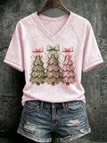 V Neck Retro FDT Pink Christmas Tree With Leopard Print T-Shirt