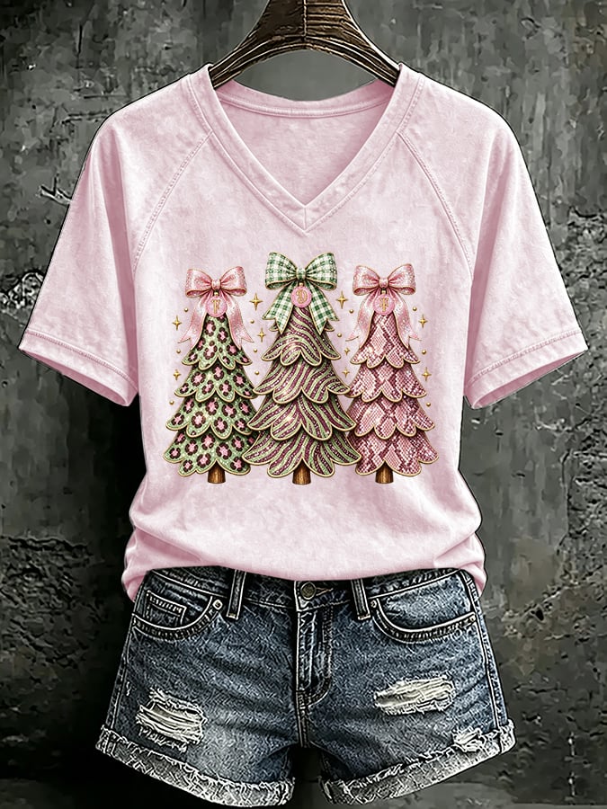 V Neck Retro FDT Pink Christmas Tree With Leopard Print T-Shirt