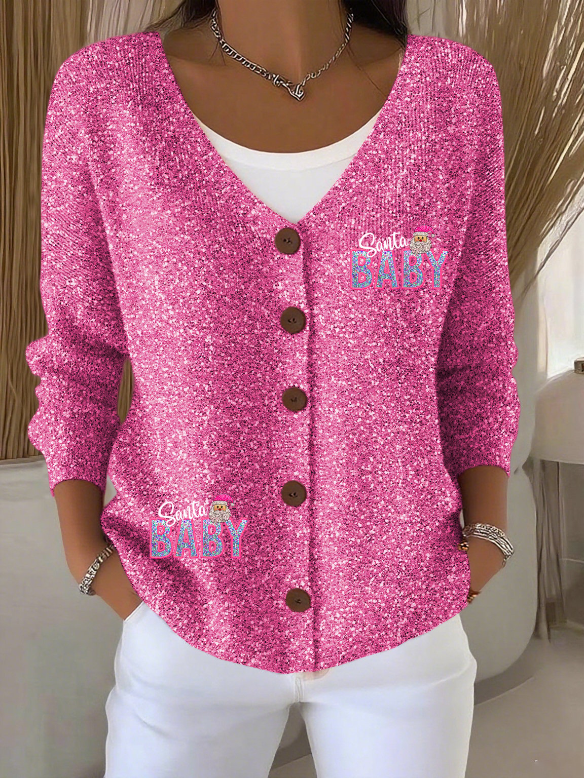 Women's Christmas Santa Baby Print Cardigan