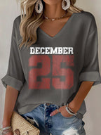V-Neck Retro Christmas December 25 Print T-Shirt