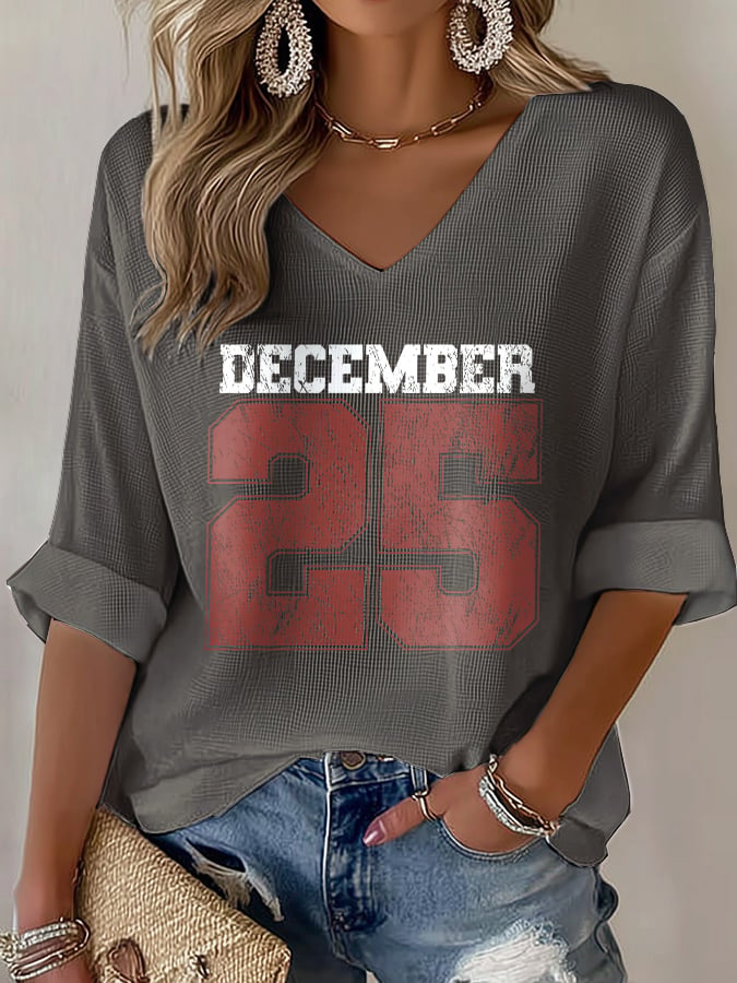 V-Neck Retro Christmas December 25 Print T-Shirt