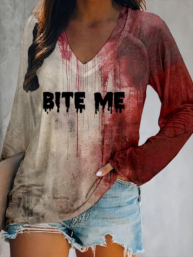 Women's Bloody Bite Me Halloween Print V-Neck T-Shirt