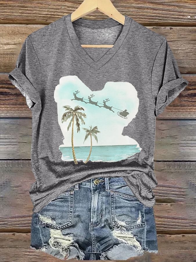 V-neck Retro Florida Merry Christmas Beach Palm Tree Print T-Shirt