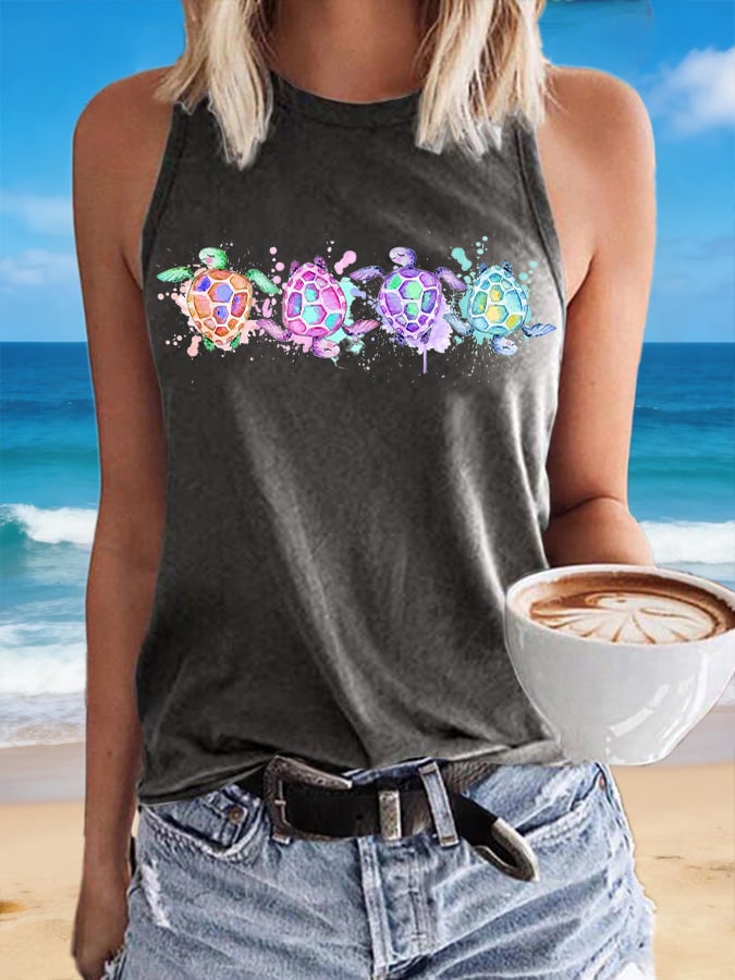 Retro Sea Turtle Print Tops Tank