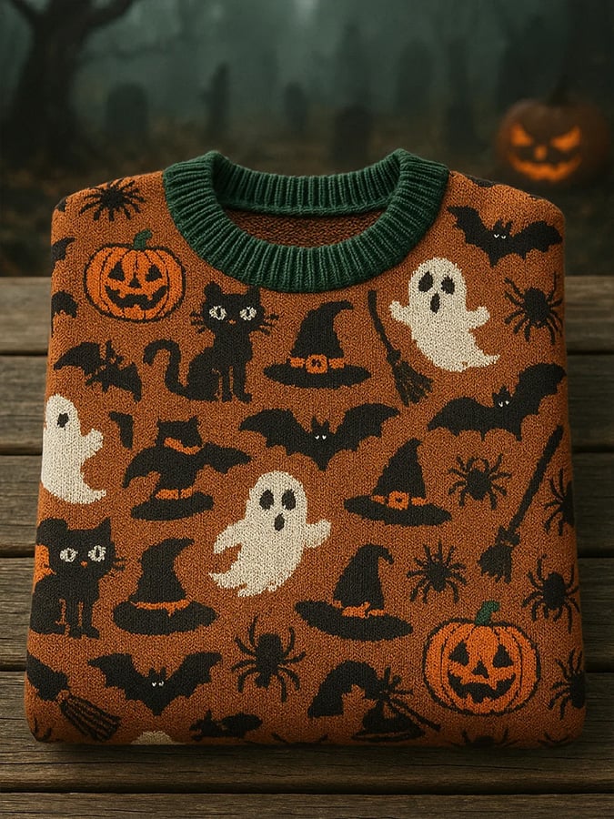 Women'S Halloween Themed Graphic Print Crew Neck Sweater