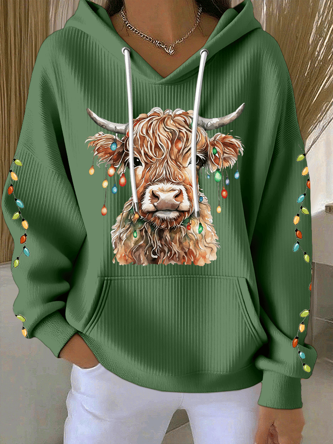 Women's Christmas Highland Cow Print Casual Hooded Sweatshirt