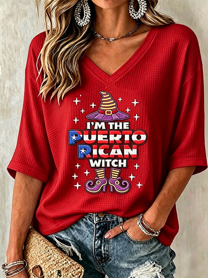 Women's Halloween In Puerto Rico Print Waffle-Knit Top