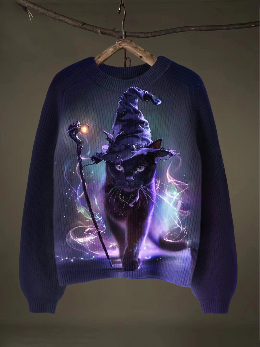 Black Cat Halloween Art Print Thin Sweater