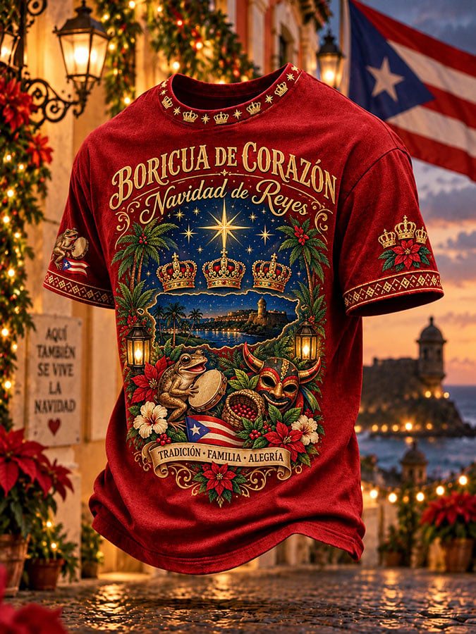 Men's Puerto Rico Christmas Print Round Neck T-shirt