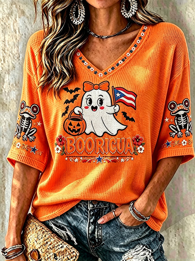Women's Halloween In Puerto Rico Print Waffle-Knit Top
