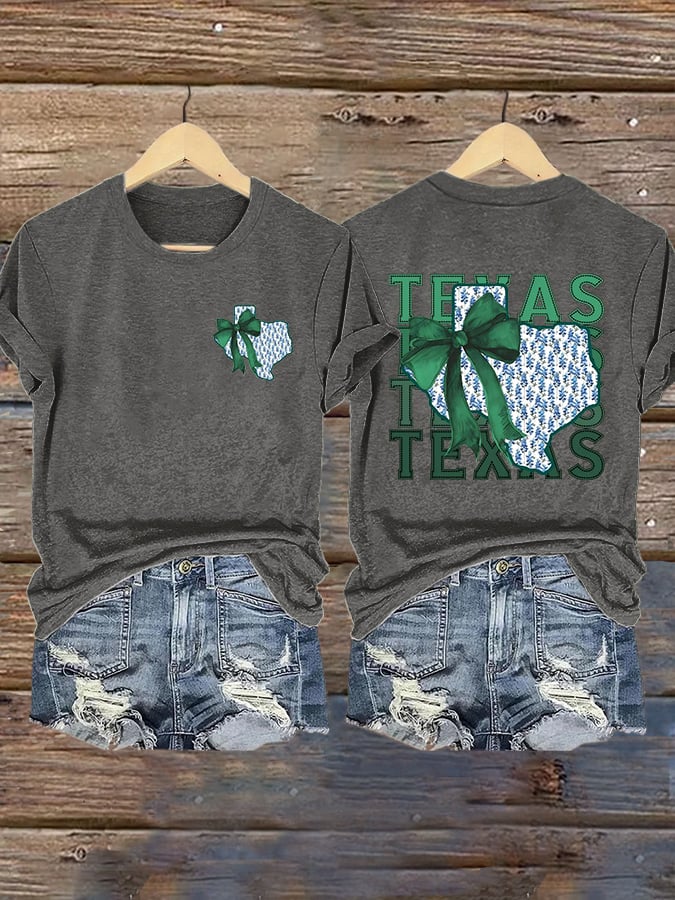 Retro Texas Strong Green Bow Print T-Shirt