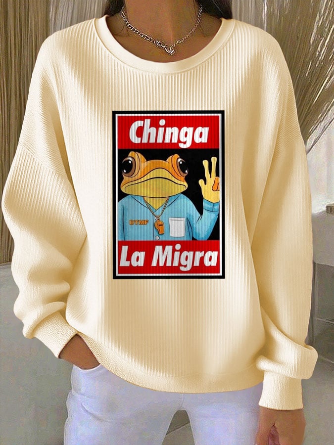 Women's Chinga La Migra Printed Knit Crew Neck Long-Sleeved Top