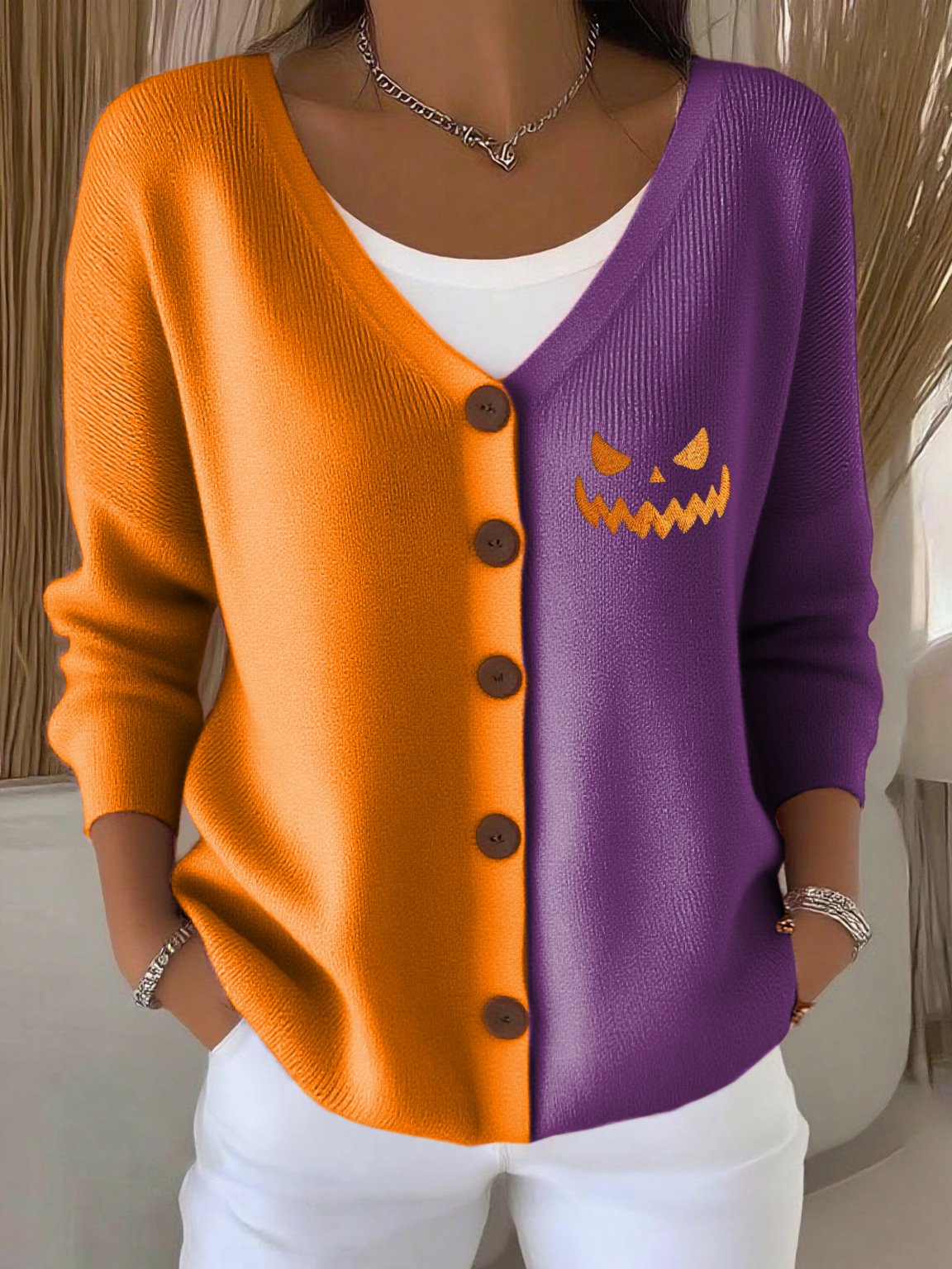 Women's Halloween Pumpkin Face Casual Cardigan