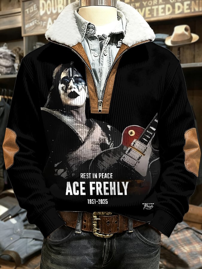 Men's Rock Music Print Zippered Fur Collar Long Sleeve Sweatshirt