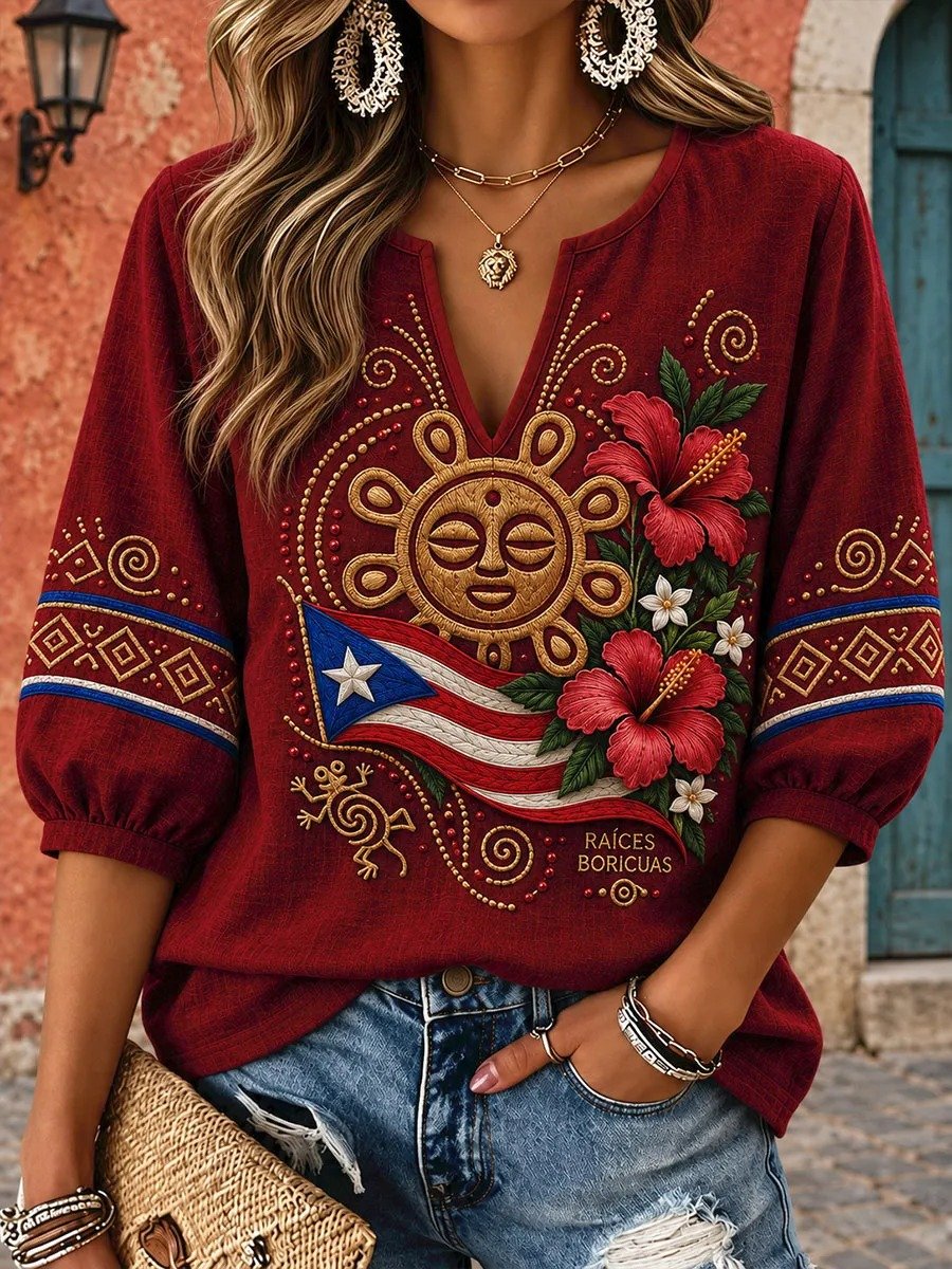 Women's Puerto Rican Printed Cotton Linen Top