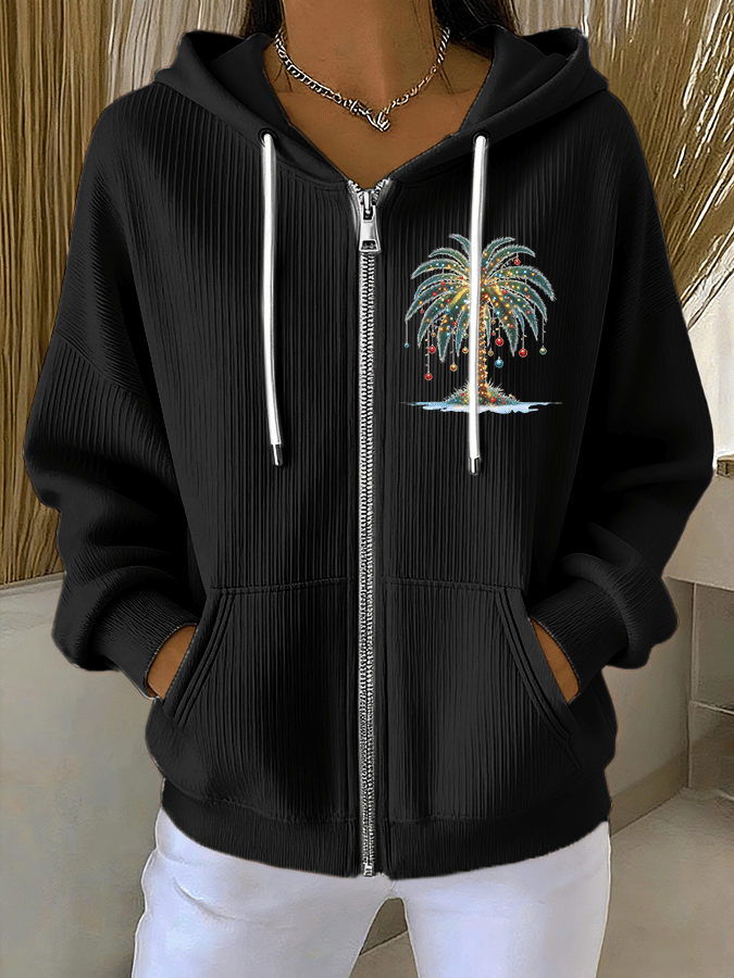 Women's Christmas Tree Print Casual Zip-Up Hooded Sweatshirt Jacket
