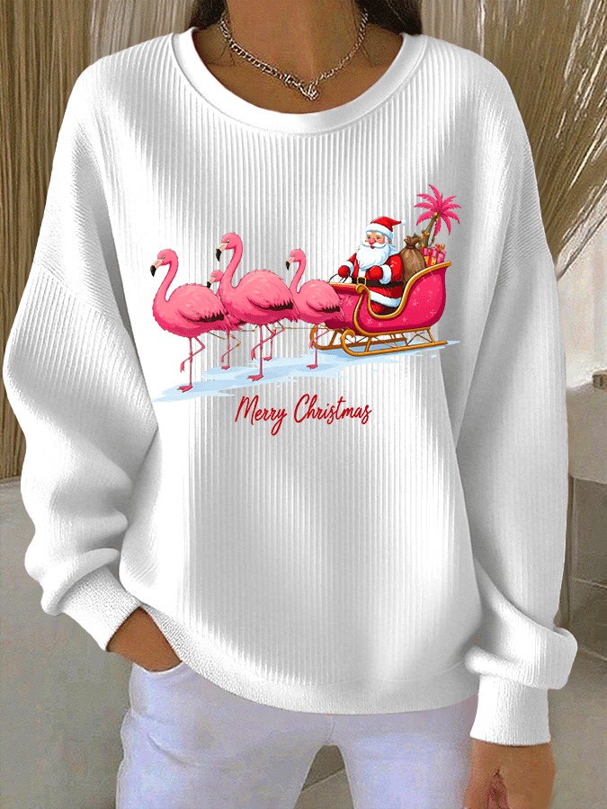 Women's Christmas Flamingo Print Knitted Crew Neck Long Sleeve Top