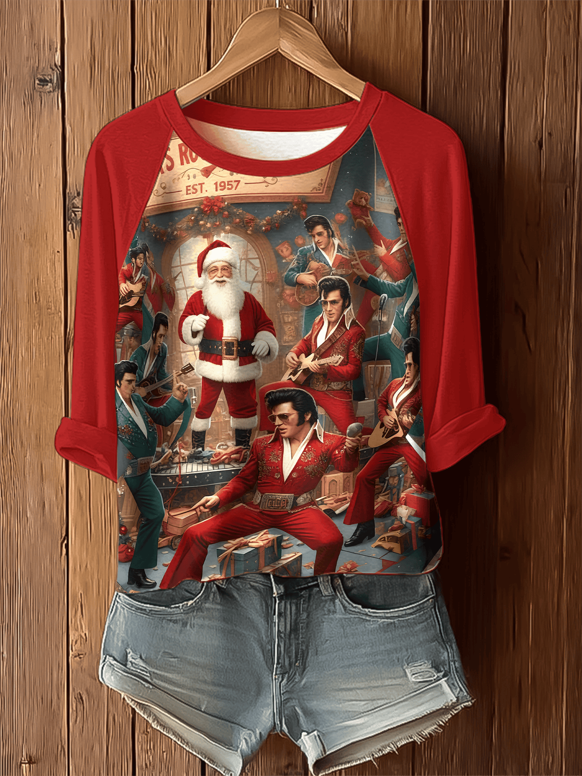 Merry Christmas King of Rock and Roll Printed Raglan Top