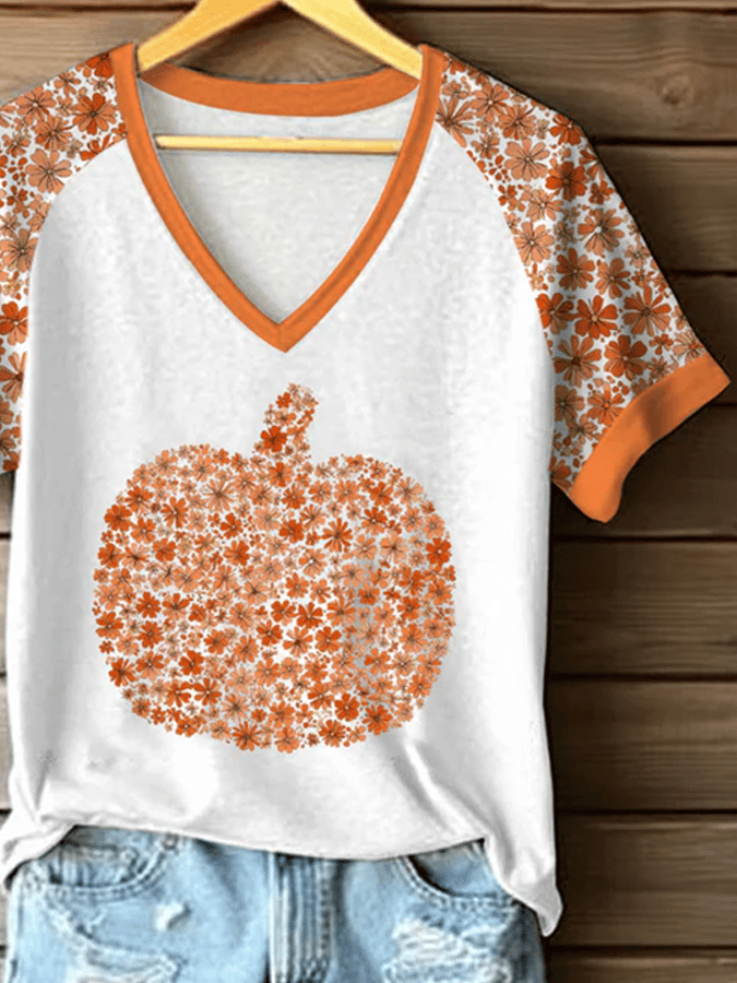Women's Autumn Gold Pumpkin Print T-Shirt