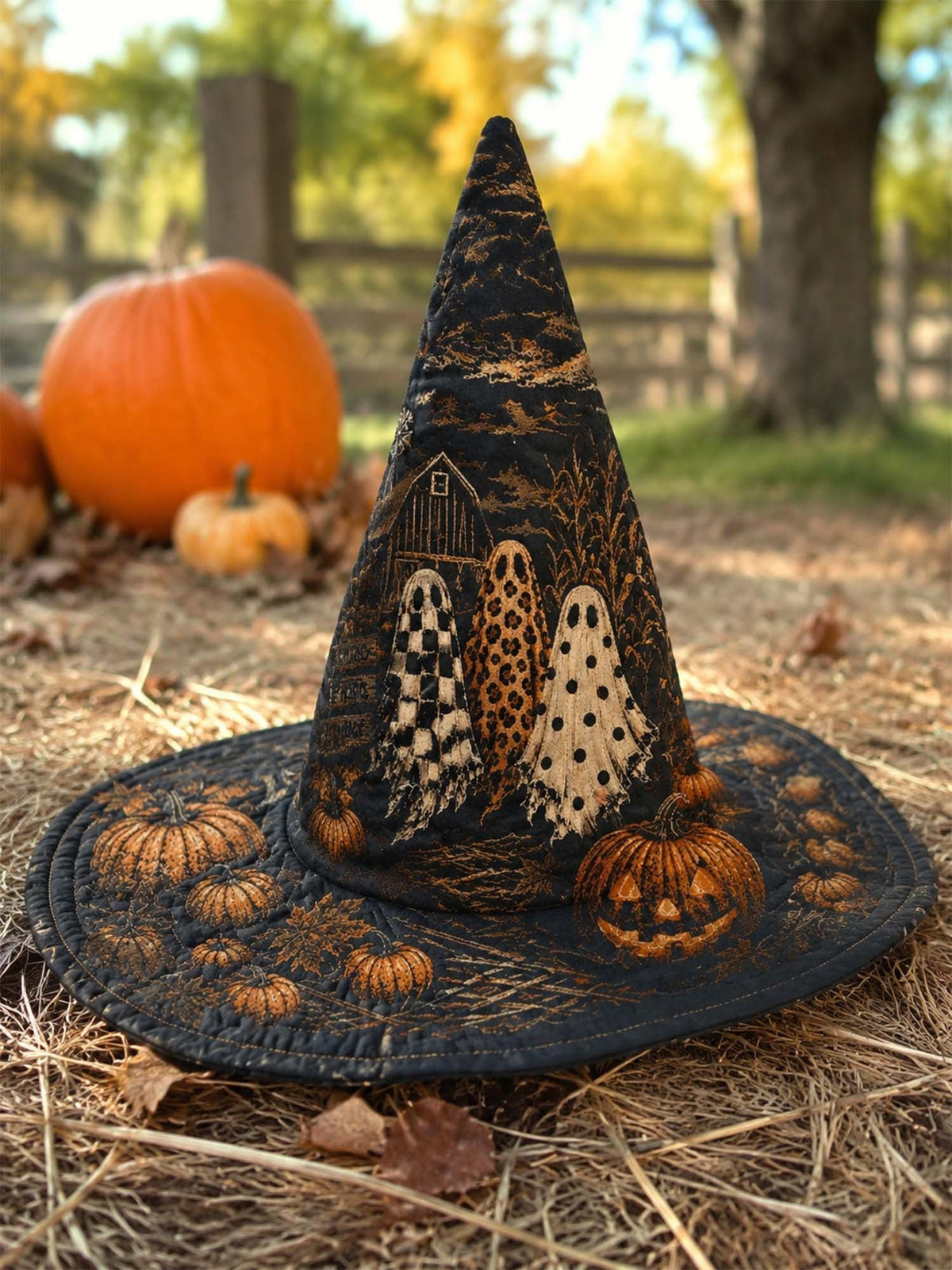 Gothic Halloween Haunted House Pumpkin Handmade Quilted Witch Hat