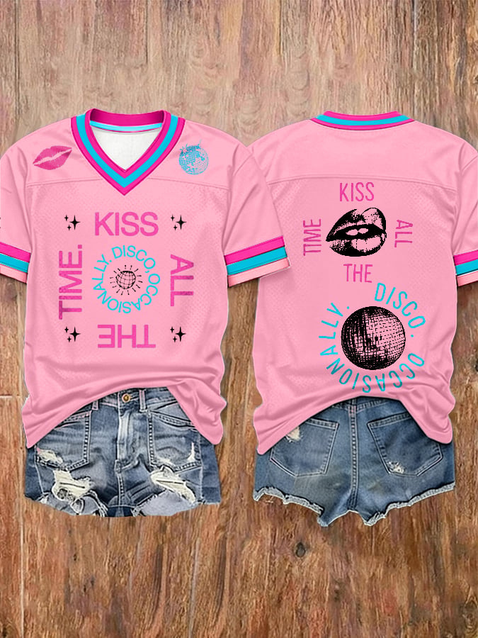 Women's Kiss All The Time Disco Occasionally Print V Neck T-shirt