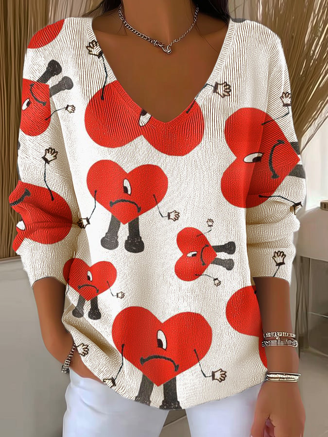 Women's Colorful One-Eyed Heart Printed Long Sleeve Top