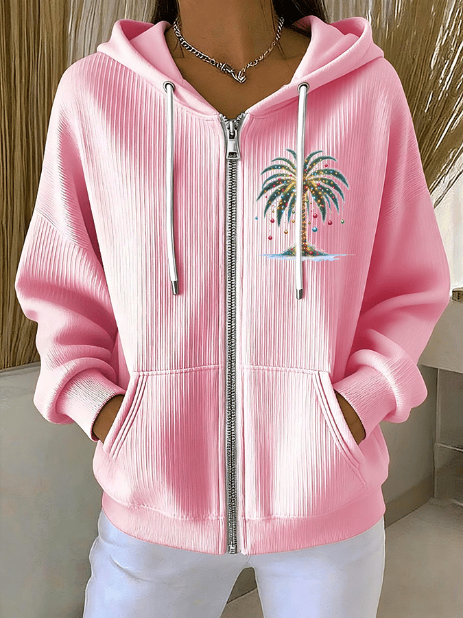 Women's Christmas Tree Print Casual Zip-Up Hooded Sweatshirt Jacket