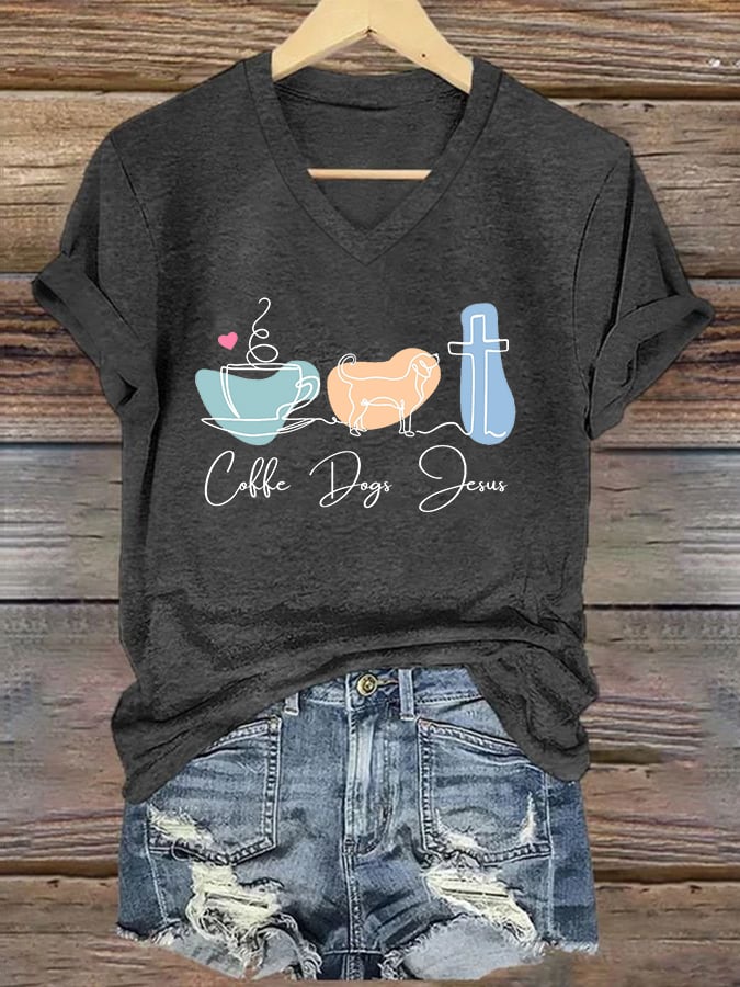 Women's Coffee Dog Jesus Print Casual T-Shirt