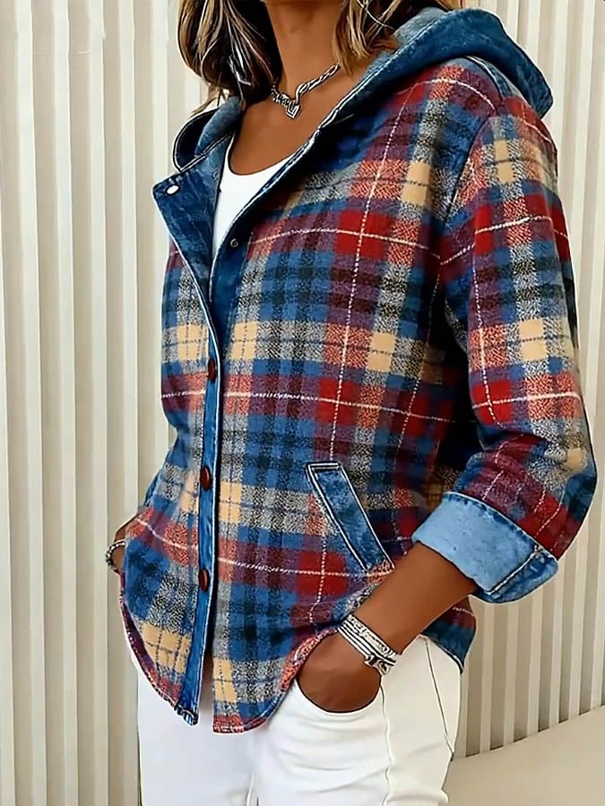 Women'S Casual Contrast Color Plaid Jacket